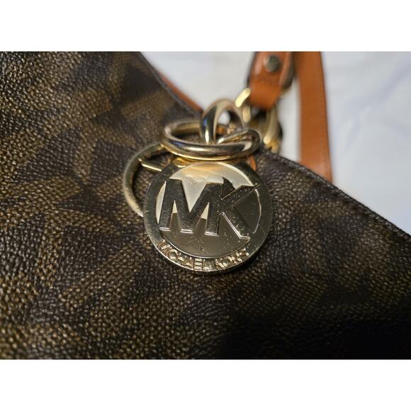Michael Kors Cynthia Signature Satchel Crossbody Brown MK Logo Bag Gold Hardware - Picture 3 of 8